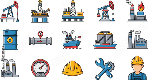 Oil gas industry icons set, refinery drilling platform pumpjack, pipeline cargo ship factory worker, energy production vector illustration pack