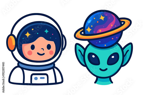 A cute cartoon illustration featuring a smiling human astronaut in a space helmet and a friendly teal alien wearing a ringed planet as a hat against a black background.