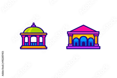 Two vibrant, stylized building icons featuring a domed gazebo and a classical structure with arches, presented in a colorful vector art style on a solid black background.