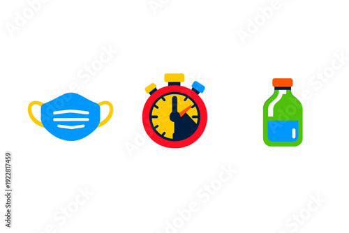 Three colorful icons representing a blue medical face mask, a red stopwatch, and a green medicine bottle with blue liquid are displayed horizontally on a solid black background.