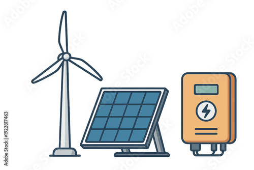 An illustration of renewable energy sources featuring a white wind turbine, a blue solar panel, and an orange power inverter unit on a plain white background.