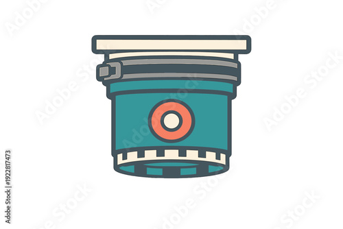 A flat vector illustration of a professional camera lens featuring a teal body, grey mounting rings, and a central orange optical element against a solid black background.