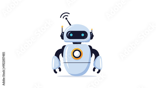 Friendly robot illustration with antenna and glowing blue eyes designed in a modern style for technology and artificial intelligence concepts.