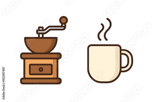 A minimalist vector illustration shows a vintage manual coffee mill next to a hot cup of steaming coffee, all presented on a solid dark black background.