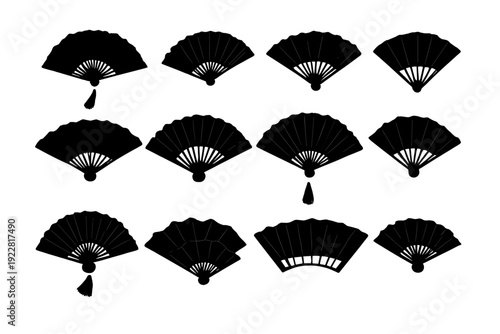 A collection of white radiating line patterns arranged in a grid on a solid black background. These abstract fan shapes resemble stylized eyelashes or sunburst motifs in a minimalist style.
