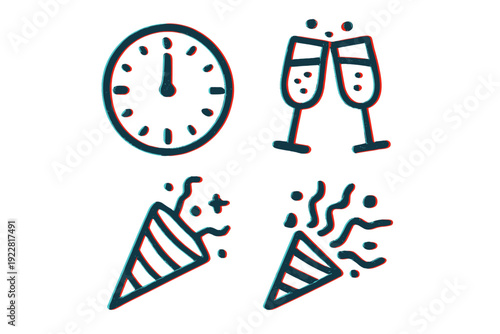 A set of four minimalist monoline icons featuring a midnight clock, clinking champagne glasses, and party poppers with confetti, all rendered with a teal and red glowing outline on black.