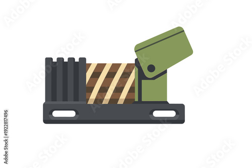 A flat vector illustration shows a mechanical winch with a yellow and brown striped drum. It includes a green hinged component and a dark grey base for industrial use.