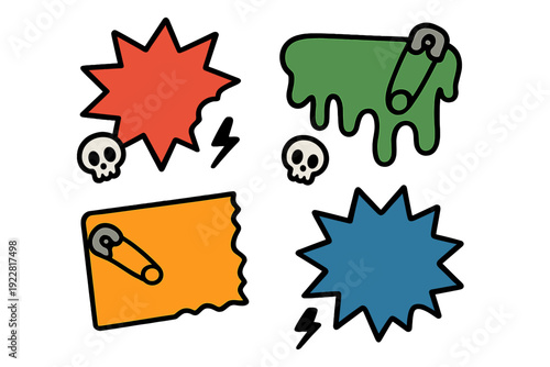 This set of four vibrant graphic elements features starburst shapes, a green slime drip, and an orange torn paper piece, accented with skulls, safety pins, and lightning bolts.