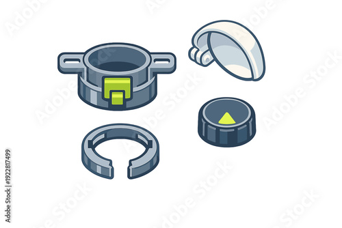 This set of four stylized vector illustrations features mechanical components like a cylindrical base with a green latch, a hinged dome cap, a circular clamp, and a dial with an indicator.