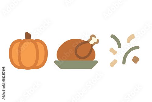 This modern flat vector illustration includes three seasonal icons: a whole orange pumpkin, a roasted turkey on a green plate, and colorful confetti pieces on a black backdrop.