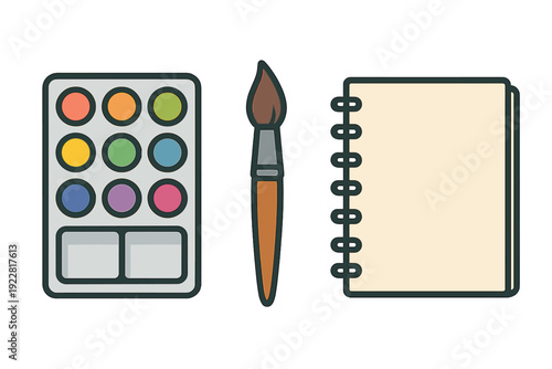 A flat illustration featuring a colorful watercolor paint palette with nine circular wells, a brown paintbrush, and a spiral sketchbook against a solid black background.