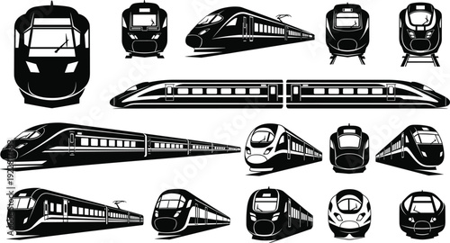 Modern train vector illustrations, high‑speed and commuter rail designs, aerodynamic shapes, front and side views, transportation engineering, railway technology graphic collection