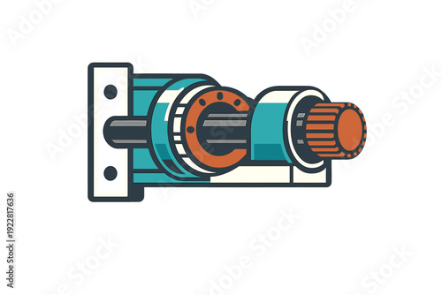This flat design illustration shows a mechanical assembly featuring a teal cylindrical body, an orange knob, and a mounting plate, all set against a black background.