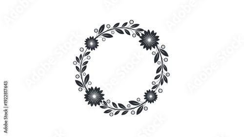 Elegant floral wreath made of delicate leaves and flowers in a monochrome style perfect for invitations, weddings, and vintage decorations.