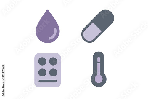 A set of four flat vector icons representing medical and health items, including a drop, a capsule, a blister pack of pills, and a thermometer, in purple and grey tones on a black background.