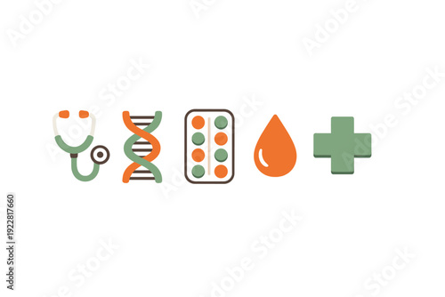 A collection of medical icons including a stethoscope, DNA strand, pill blister pack, blood drop, and a green cross, all presented in a flat design style on a black background.