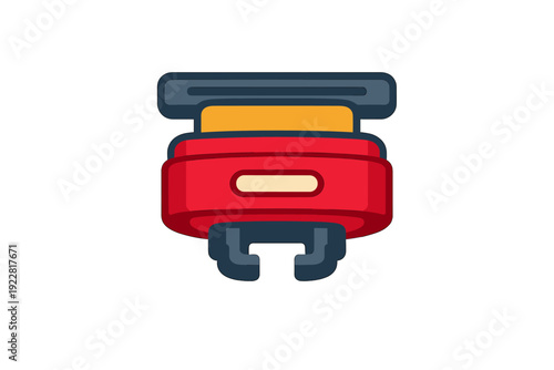 A flat vector illustration of a red and yellow mechanical robotic claw with a dark blue gripper, isolated on a black background. It features a minimalist and modern design.