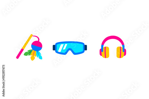 Three vibrant vector icons including a cat teaser toy with feathers, blue snow goggles, and pink headphones are displayed in a row against a dark black background.