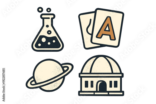 A collection of four education-themed icons including a science lab flask, language flashcards, a ringed planet, and an observatory building, presented in a retro sticker style.
