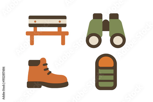 A set of four flat vector icons representing outdoor adventure gear, including a park bench, binoculars, a hiking boot, and a sleeping bag in earthy tones on a black background.
