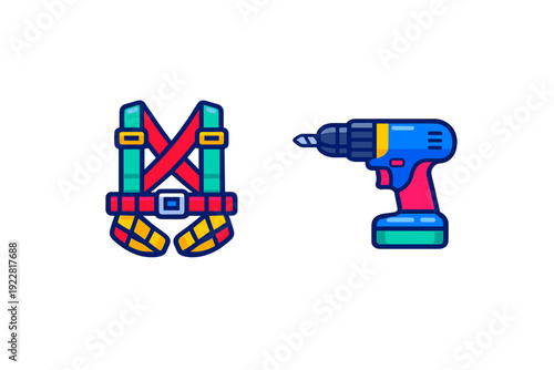 This graphic set includes a vibrant safety harness and a cordless electric drill. The flat vector icons are designed with bold outlines and bright colors on a solid black backdrop.