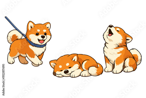This digital illustration features three adorable Shiba Inu puppies in various poses: one walking on a leash, one sleeping peacefully, and one howling with its head tilted upward.