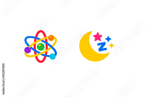 This graphic displays a vibrant atom icon with multicolored orbits alongside a yellow crescent moon icon accompanied by stars and a blue letter z on a black backdrop.