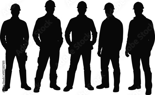 Silhouette construction workers in hard hats, standing poses, industrial labor illustration, workforce representation, occupational safety, building site visual, labor rights concept