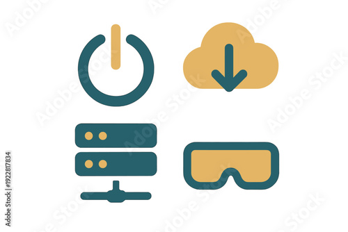 A set of four flat vector icons representing digital technology and cybersecurity, including a power button, cloud download, server rack, and virtual reality goggles on a black background.