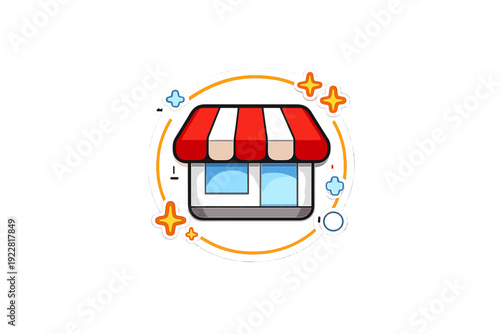 This sticker style graphic features a small shop icon with a red and white striped awning and blue windows, surrounded by a circular frame with orange and blue stars.