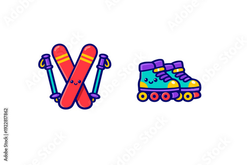 This flat vector illustration displays anthropomorphic red skis with blue poles and teal roller skates with purple accents, both featuring adorable smiling faces on a black backdrop.