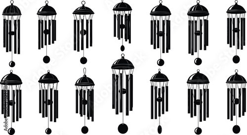 Wind chime icons set, decorative hanging silhouettes, musical garden ornament pack, acoustic design elements, spiritual relaxation graphics, vector illustration collection