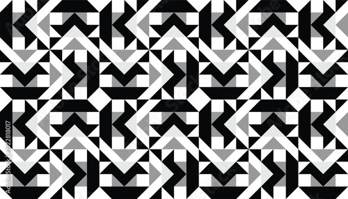 Modern grayscale architectural geometric design, repeatable pattern with complex arrows and triangular elements