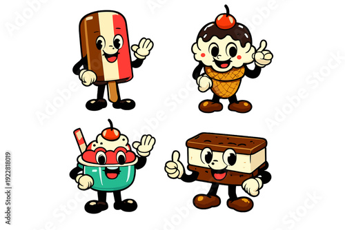 A collection of four retro cartoon ice cream characters including a popsicle, a cone, a sundae, and a sandwich, all featuring expressive faces and white gloves on a black background.