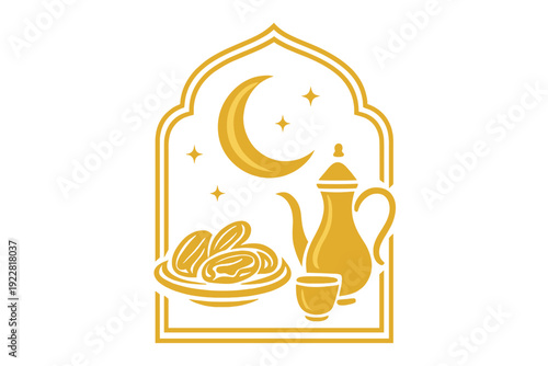 A gold graphic illustration featuring an ornate arch window frame with a crescent moon, stars, a plate of dates, a traditional coffee pot, and a cup on a black background.