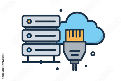 This flat vector illustration shows a server rack with three units next to a blue cloud and an ethernet cable connector, symbolizing data storage and cloud network connectivity.