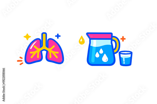 A colorful illustration featuring a pair of pink lungs with yellow bronchial tubes next to a blue water pitcher and a glass of water, set against a solid black background.