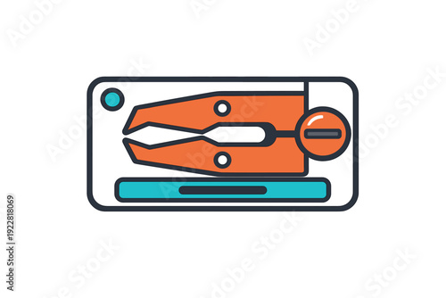 A stylized orange staple remover is depicted within a dark rectangular frame. The illustration features teal highlights and a clean, modern aesthetic for office supply concepts.