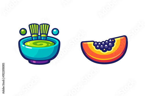 A stylized illustration featuring a blue bowl of green matcha tea with whisks and a slice of orange papaya with purple seeds, set against a solid black background.