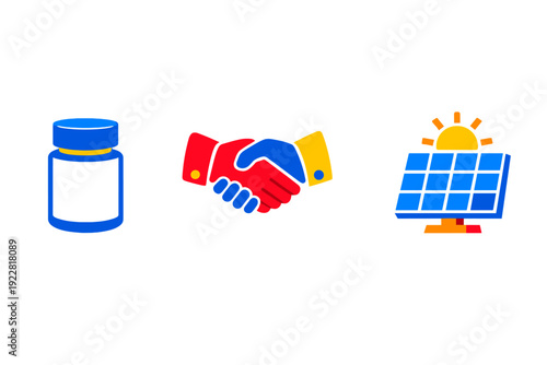 This illustration features three distinct icons: a blue medicine bottle, a red and blue handshake, and a solar panel with a sun, all set against a solid black background.