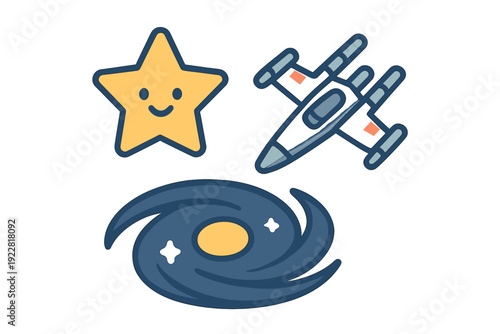 A flat vector clipart set featuring a smiling yellow star, a grey and blue spaceship, and a blue spiral galaxy with a yellow core, all set against a solid black background.