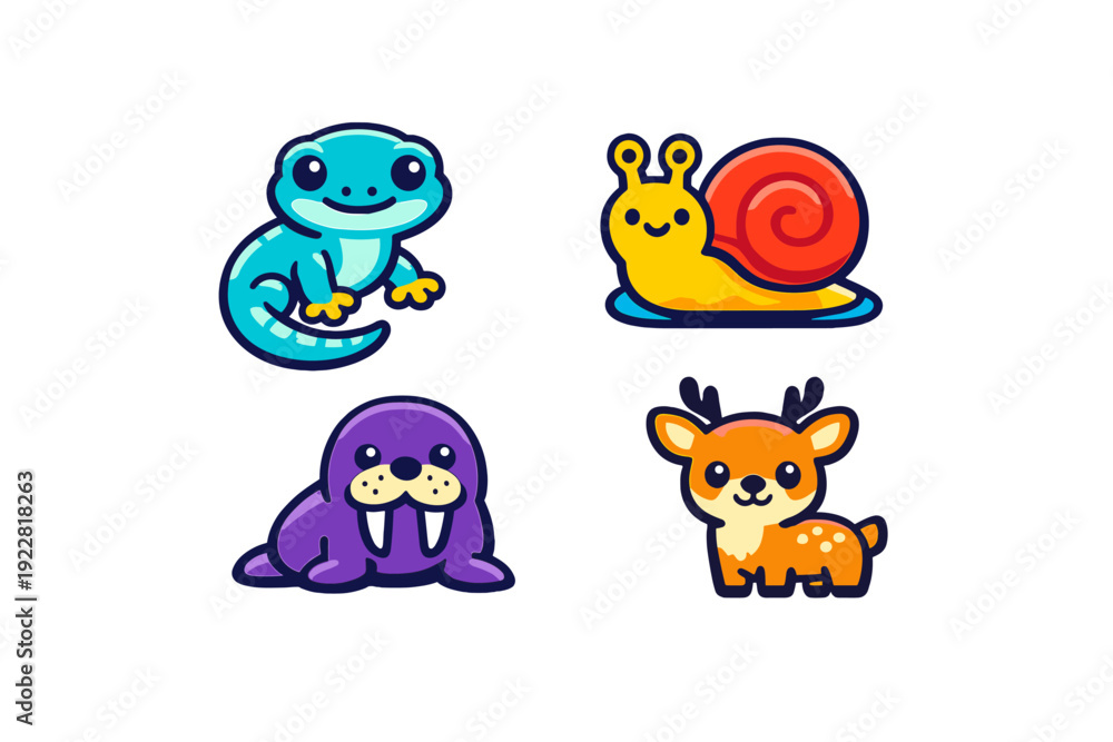 Obraz premium A collection of four cute cartoon animal illustrations including a blue lizard, a yellow snail, a purple walrus, and an orange deer, all set against a solid black background for design.