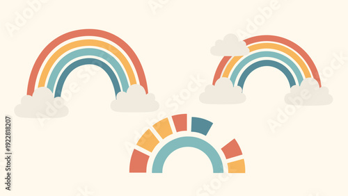 Set of colorful rainbow illustrations with soft clouds in a retro pastel palette perfect for kids nursery decor and cheerful graphic designs.