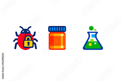 Three colorful icons representing a red and blue bug with a yellow padlock, an orange jar with a blue lid, and a blue laboratory flask with green liquid, all set against a solid black background.