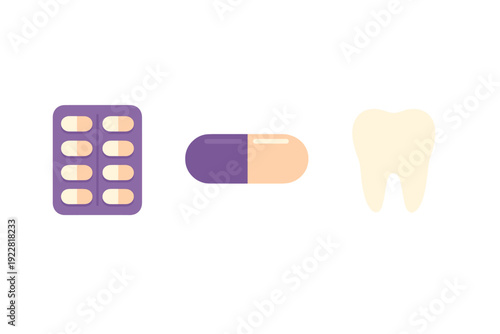 A flat vector illustration featuring a purple blister pack of capsules, a single two-tone capsule, and a white tooth icon, representing dental medication or oral health care.