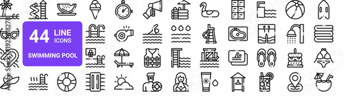Set of 44 thin line swimming pool icons. Beach, summer resort, water sports, lifeguard equipment. Outline vector illustration pack