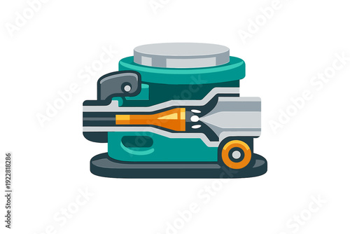 A stylized cross-section illustration of a mechanical pump or valve assembly featuring a teal body, internal orange nozzle, and grey components on a dark background.