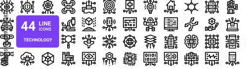Set of 44 thin line technology icons including AI, robotics, automation, virtual reality, and smart devices. Vector illustration for web and digital projects