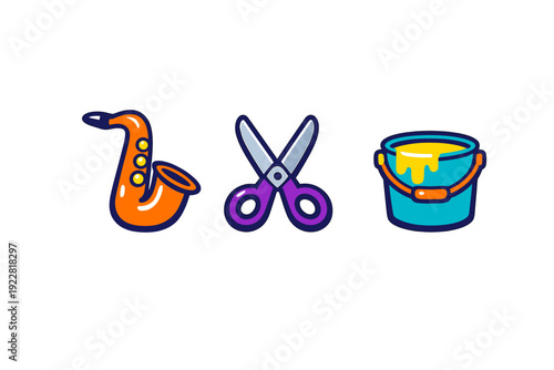 A collection of three colorful cartoon icons featuring an orange saxophone, purple scissors, and a blue bucket filled with dripping yellow paint, all set against a black background.
