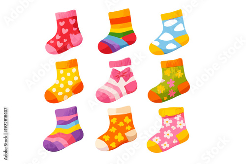 Nine vibrant baby socks featuring diverse patterns like hearts, rainbow stripes, and floral designs are displayed in a three by three grid on a black background.